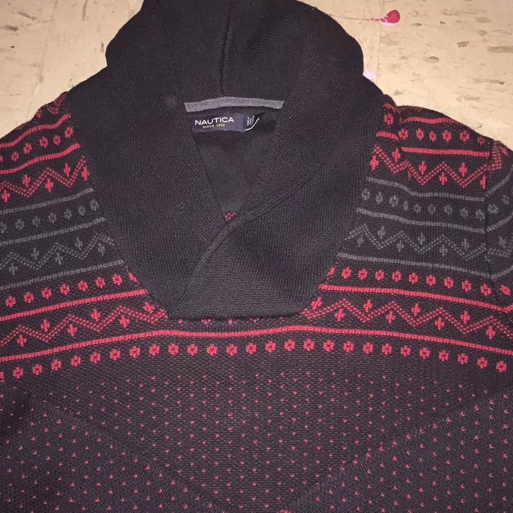 Nautica Black and Red Turtleneck Sweater with Geometric Pattern